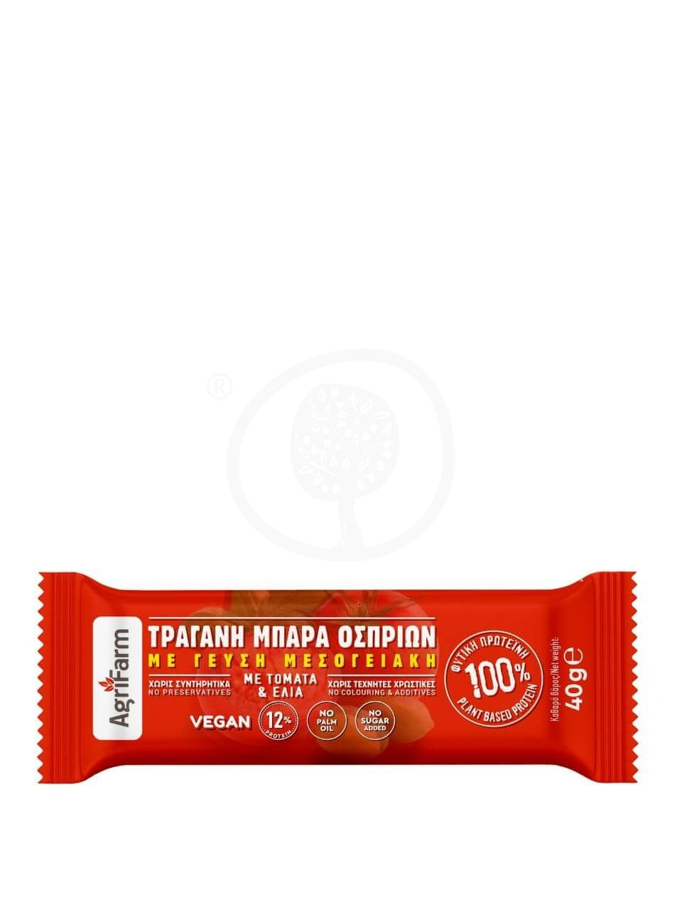 Μεσογειακή μπάρα οσπρίων φυτικής πρωτεϊνης με τομάτα, ελιά & βασιλικό, Λαμίας "Agrifarm Premium Products" 40g